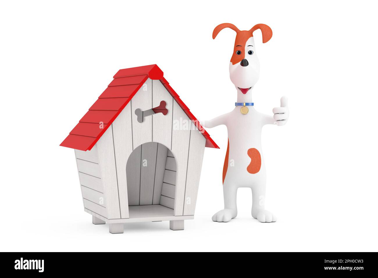 Cartoon Cute Dog with Wooden Dog House on a white background. 3d