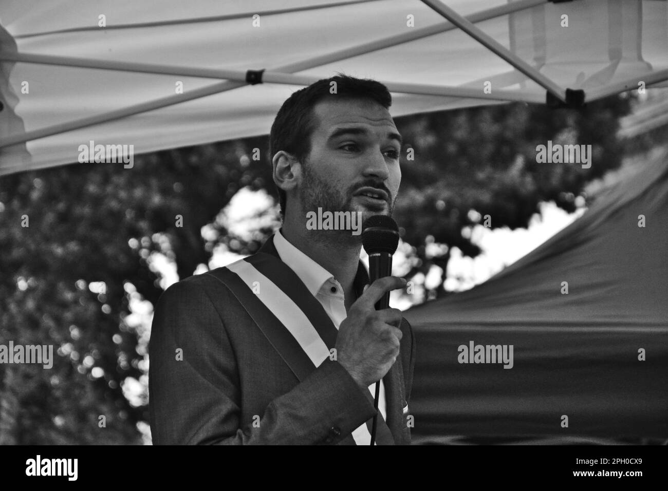 Paris, France - July 11th 2017 : Portrait of Ugo Bernalicis, a french deputy and member of 'La France Insoumise' during the meeting at Republic square Stock Photo