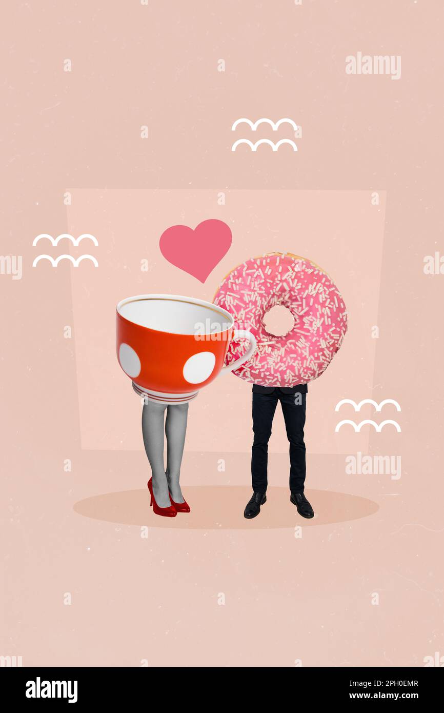 Creative weird collage template of two people with tea cup donut body love perfect match on 14 february holiday Stock Photo
