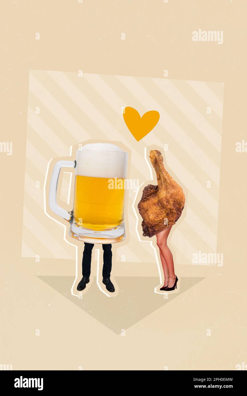 Creative weird banner collage of two freak people lady guy with beer chicken leg body celebrate 14 february event in pub Stock Photo