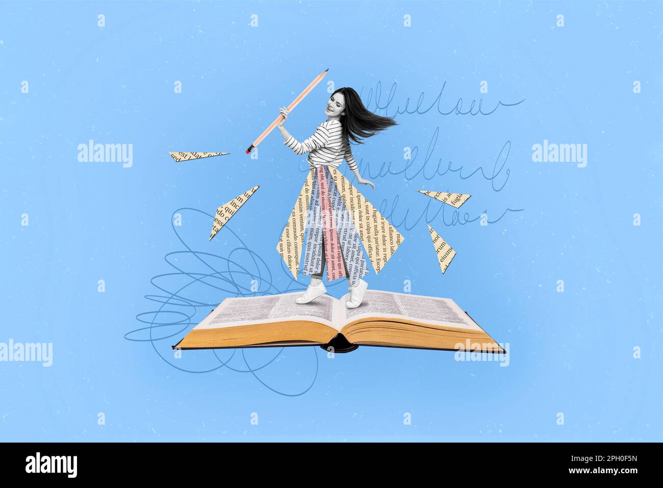 Creative surreal collage of positive geek young lady dancing on open book page holding pencil prepare academic courses lecture Stock Photo