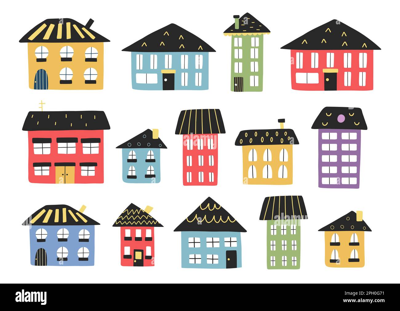Cute cartoon houses set. Tiny town buildings collection. Flat isolated
