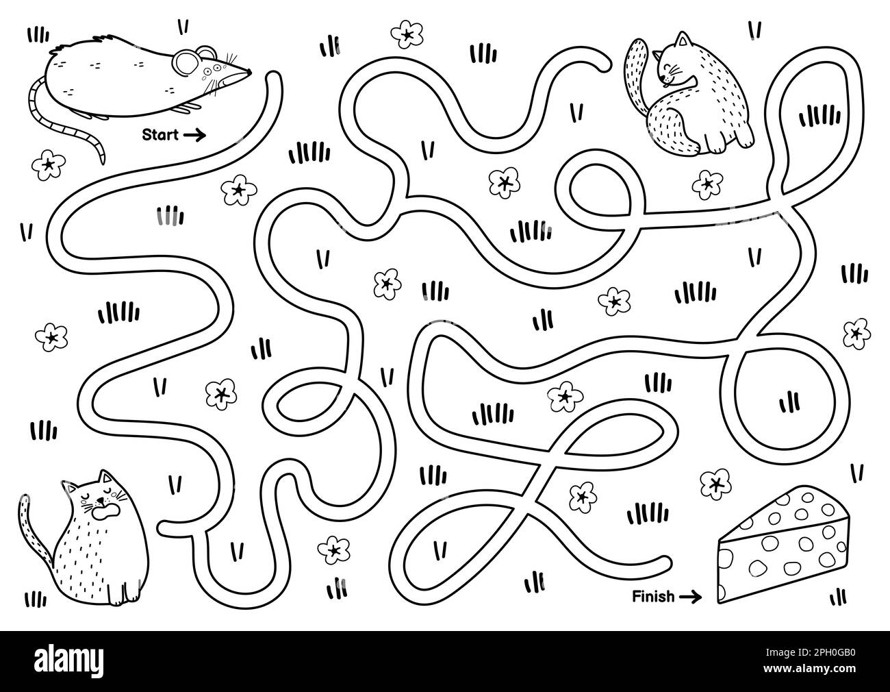 Black and white maze game for kids. Help the cute hungry mouse find the way to cheese Stock Vector