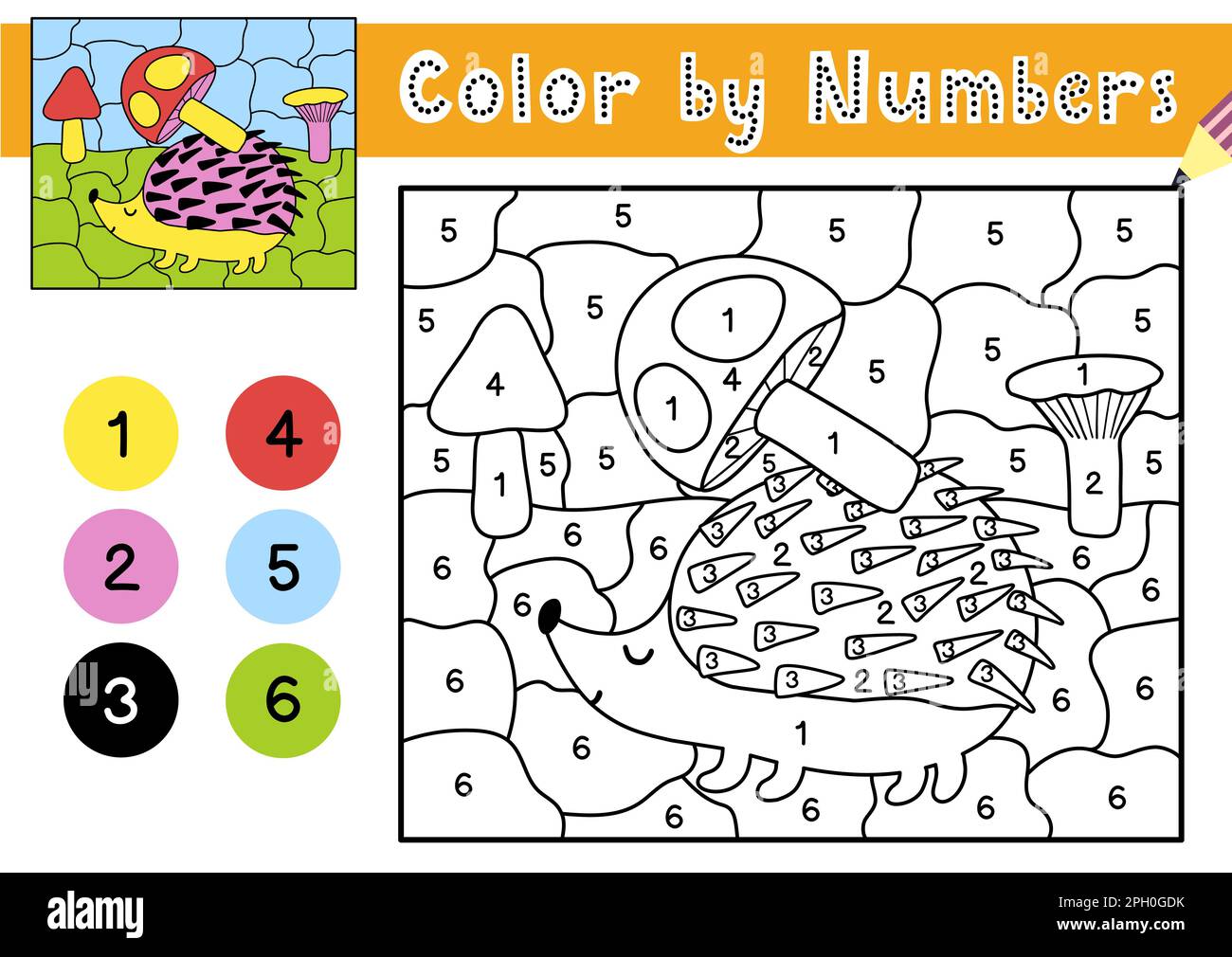 Color by numbers game for kids coloring page with a cute hedgehog