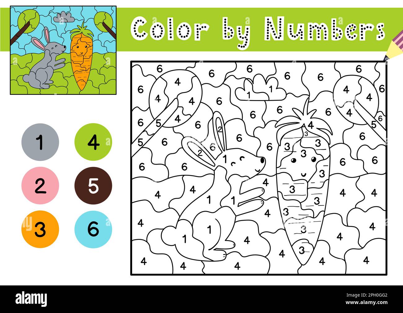Color by numbers game for kids. Coloring page with a cute rabbit and