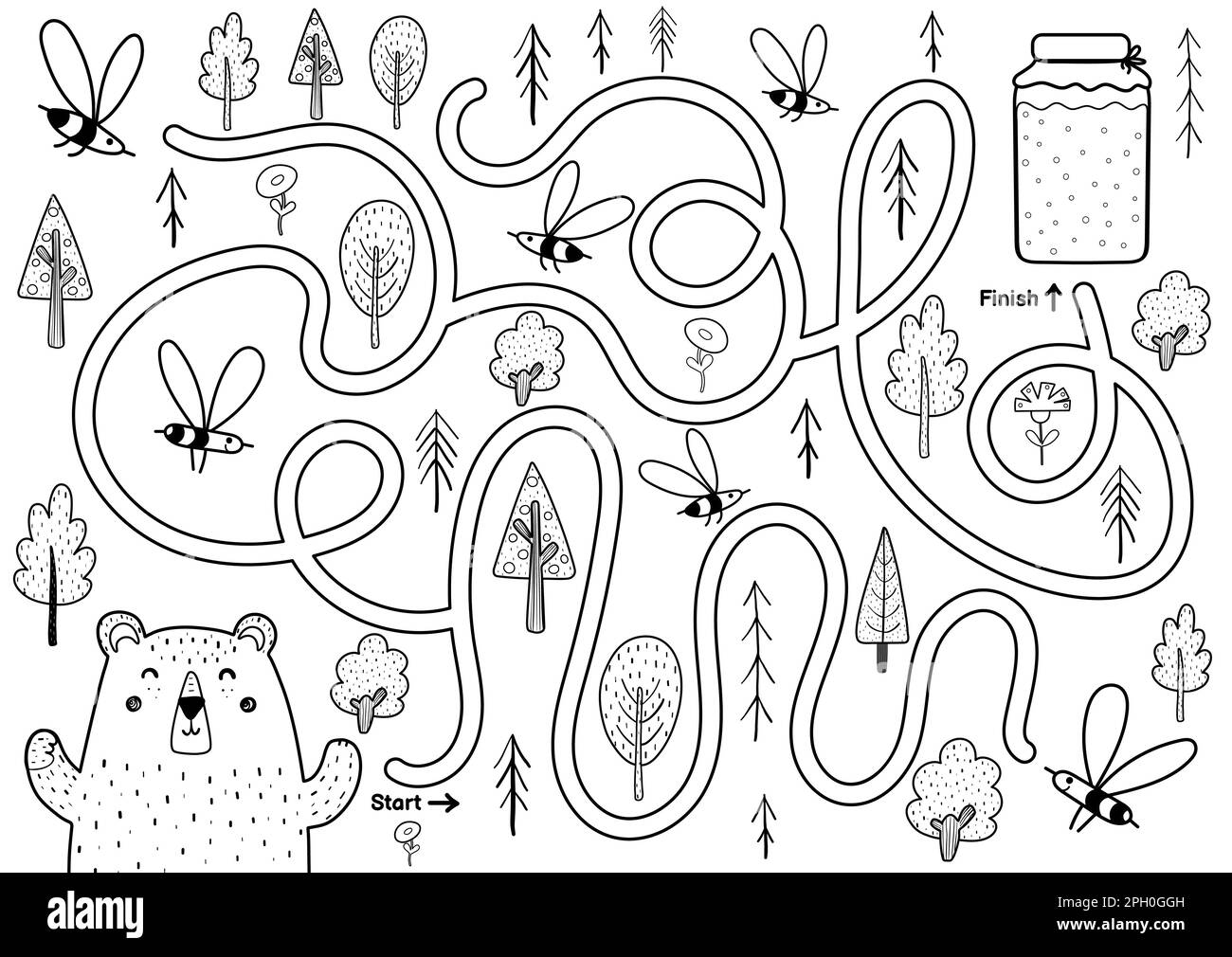 Black and white maze game for kids. Help the cute hungry bear find the way to honey Stock Vector