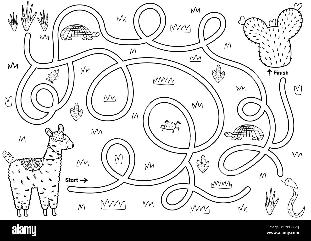 Black and white maze game for kids. Help the cute llama find the way to the cactus Stock Vector