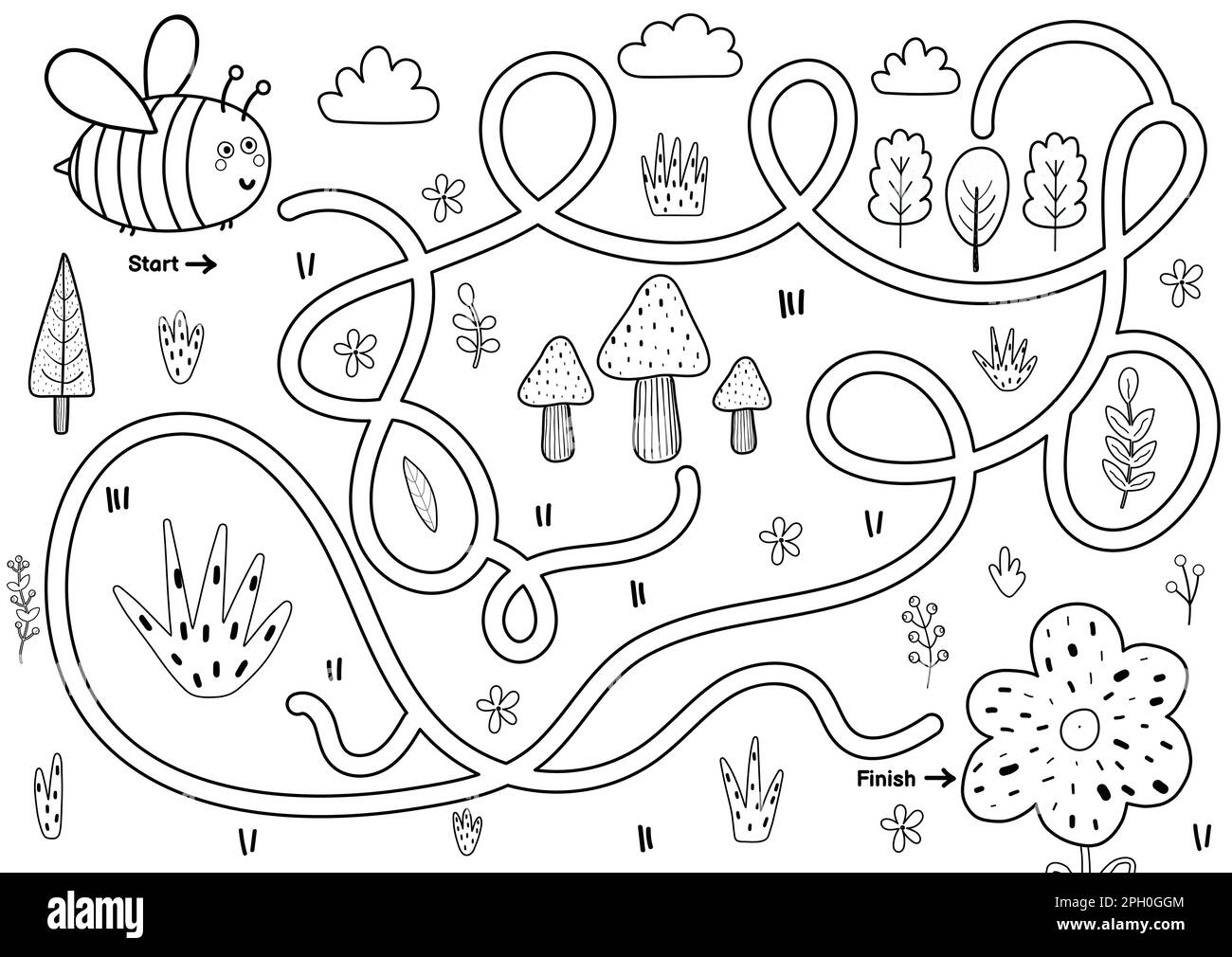 Black and white maze game for kids. Help the cute bee find the way to the flower Stock Vector
