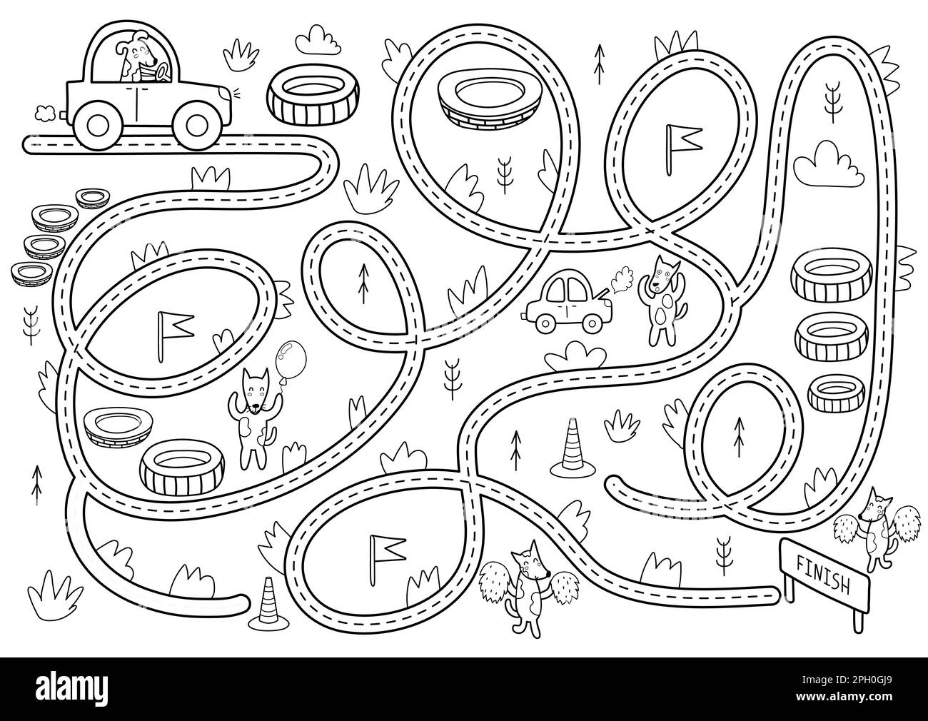 Black and white maze game for kids. Help the cute dog drive to finish ...