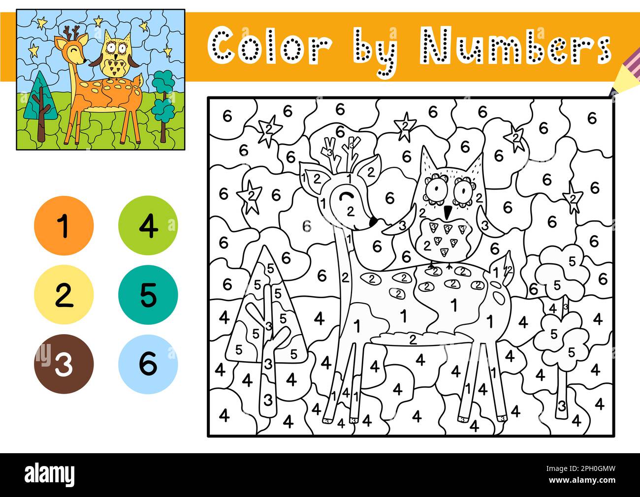 Color by numbers game for kids - Color By Numbers Game For Kids Coloring Page With A Cute Deer And Owl 2PH0GMW