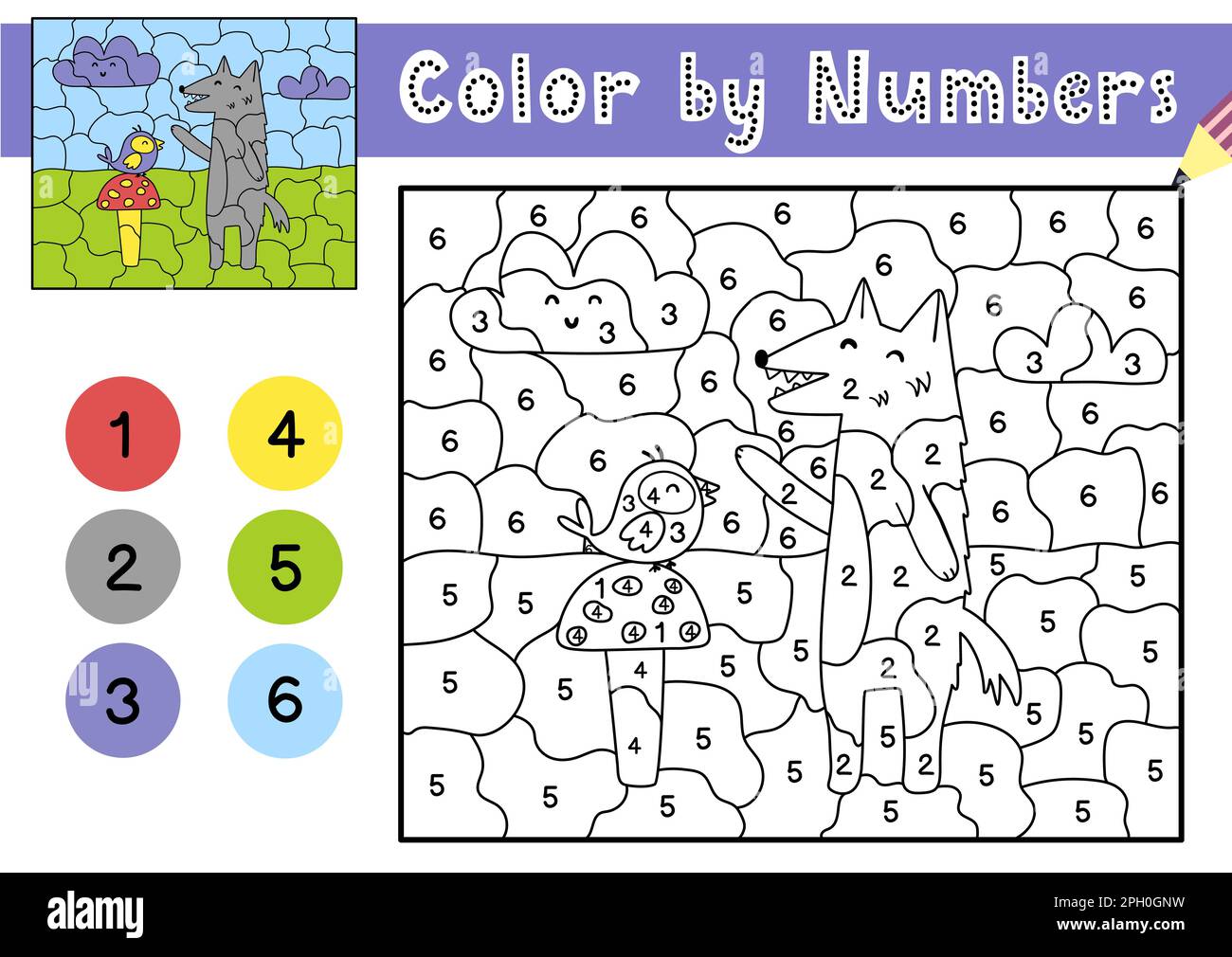 Color by numbers game for kids. Coloring page with a cute wolf and bird