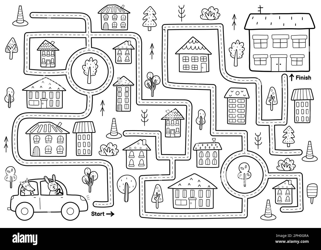 Black and white maze game for kids. Help the cute rabbit and fox drive