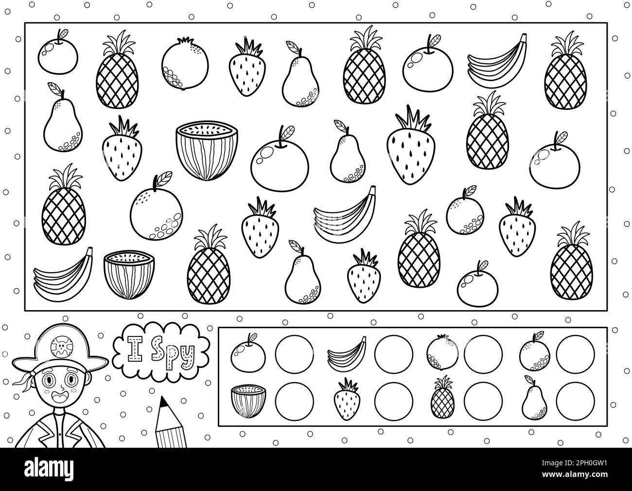 I spy game coloring page for kids. Find and count fruits Stock Vector
