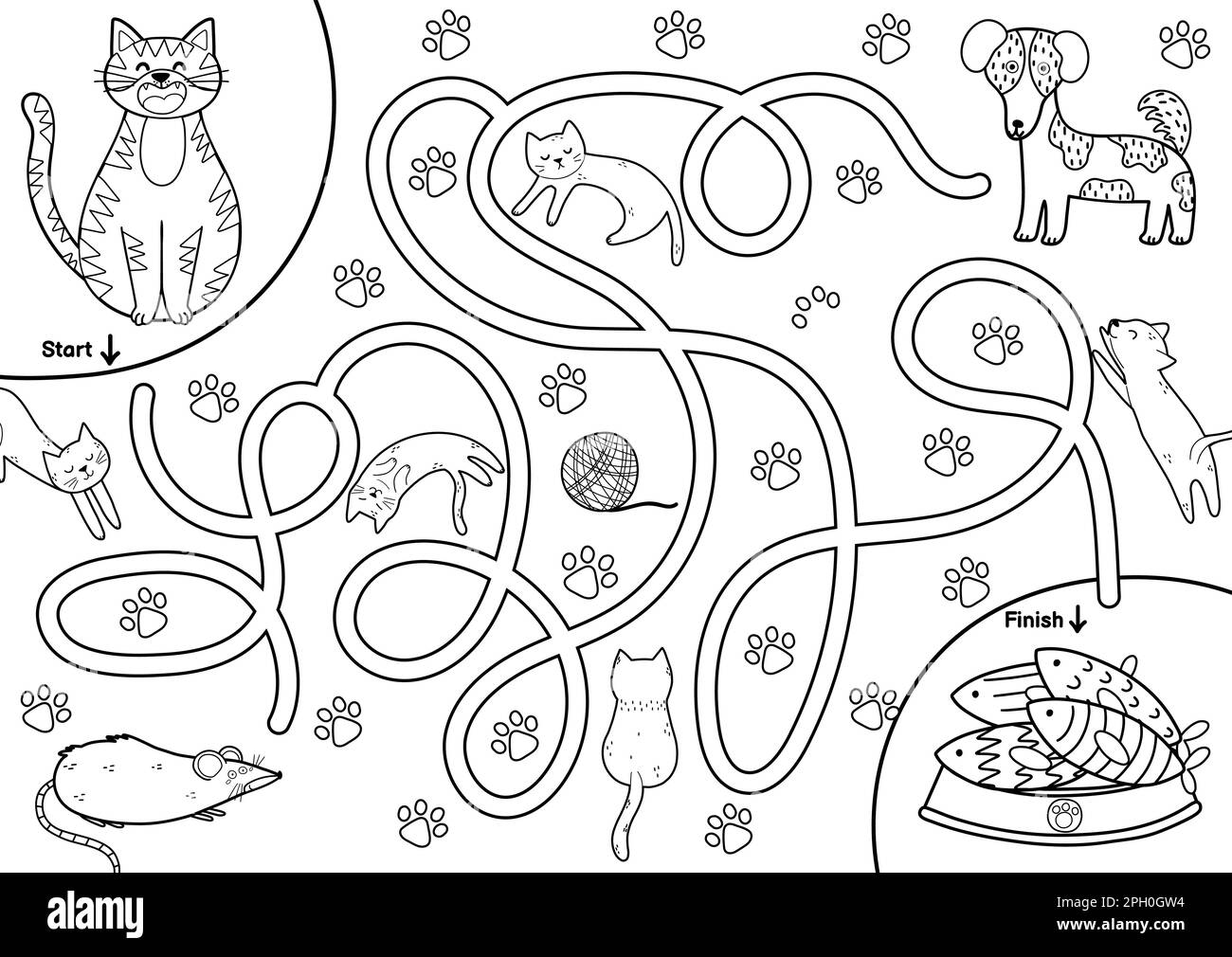 Black and white maze game for kids. Help the cute cat find the way to the fish Stock Vector