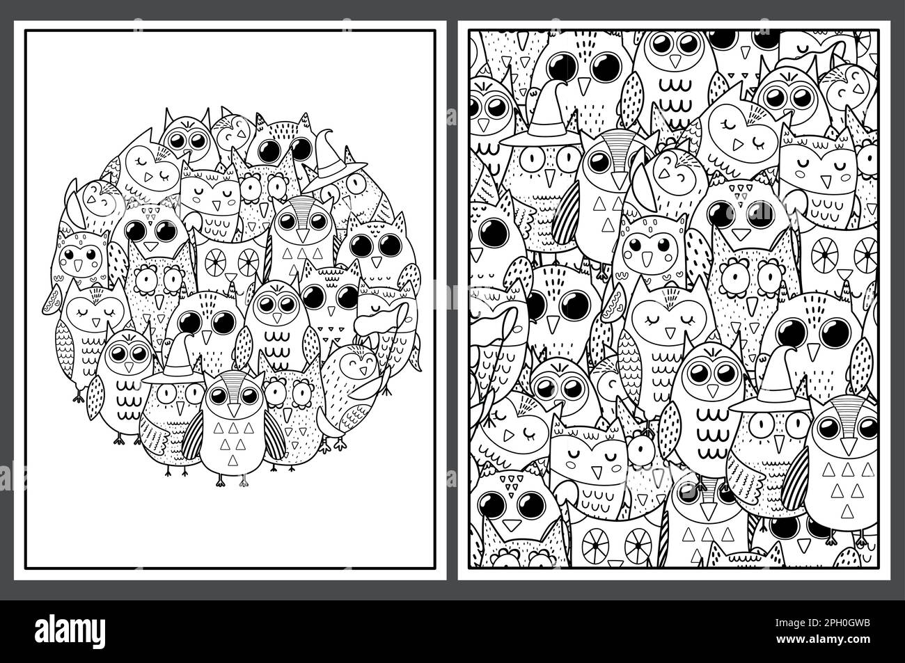 Coloring pages set with cute owls. Doodle birds for coloring book Stock