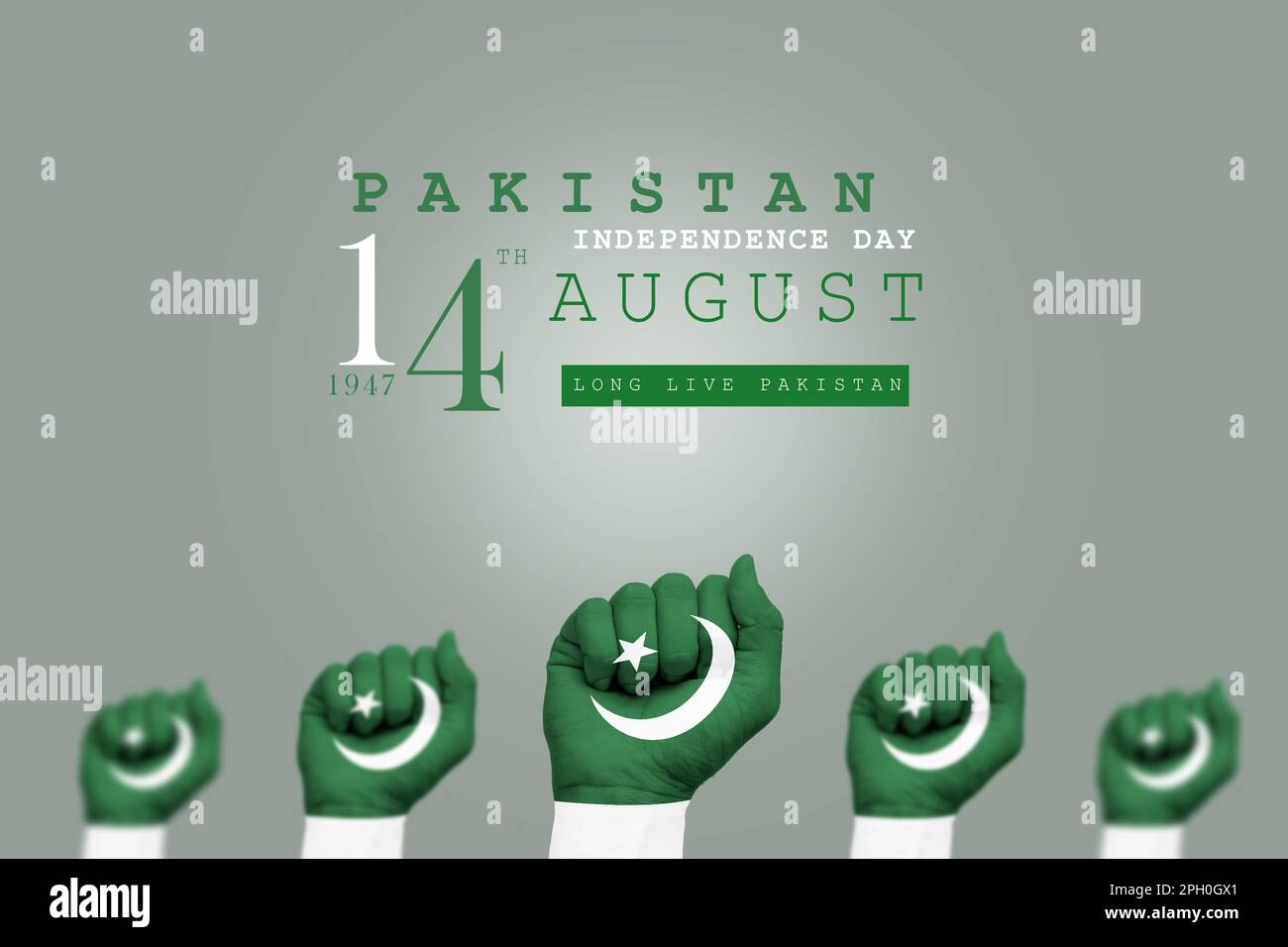 Pakistan Independence day 14th August 1947 poster with hands painted with Pakistani flag and grey background, Long live Pakistan Stock Photo