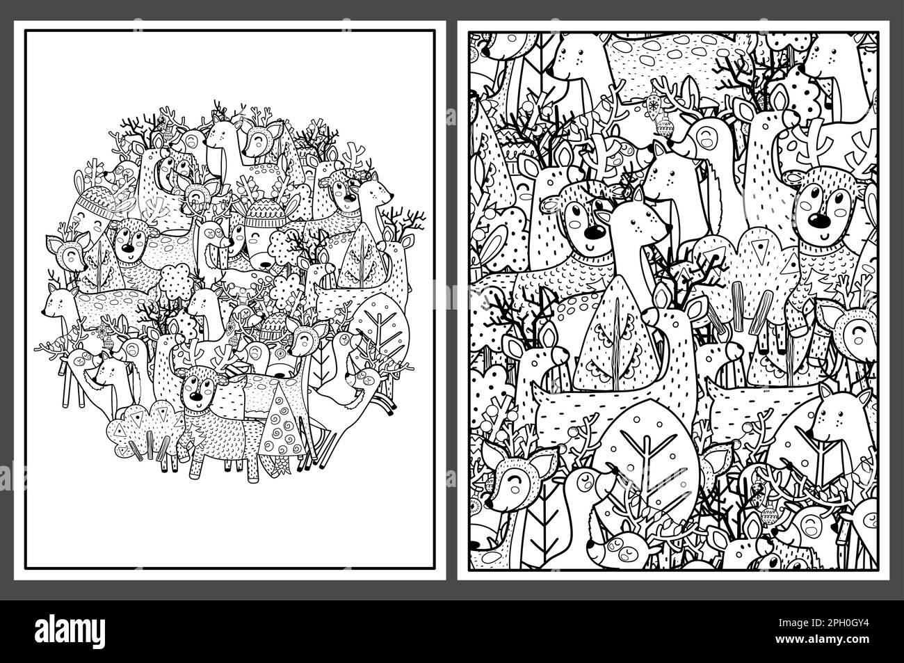 Coloring pages set with cute deers - Coloring Pages Set With Cute Deers Doodle Reindeers In The Forest For Coloring Book 2PH0GY4