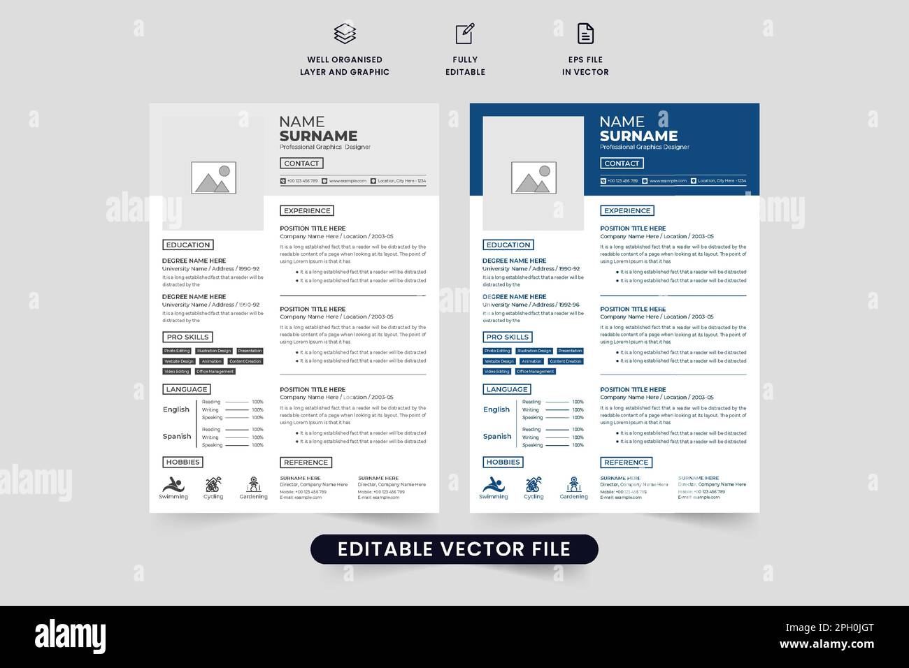 Simple CV template vector with photo placeholders and job experience ...