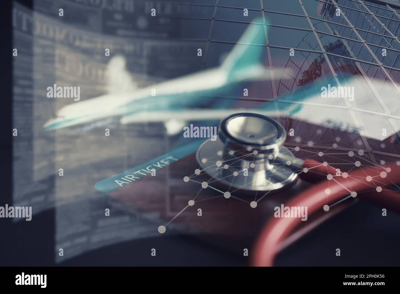 Passenger air insurance concept. Airplane, passport, boarding pass