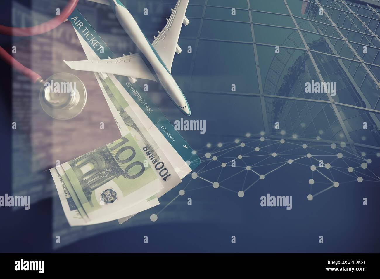 Passenger air insurance concept. Airplane, passport, boarding pass