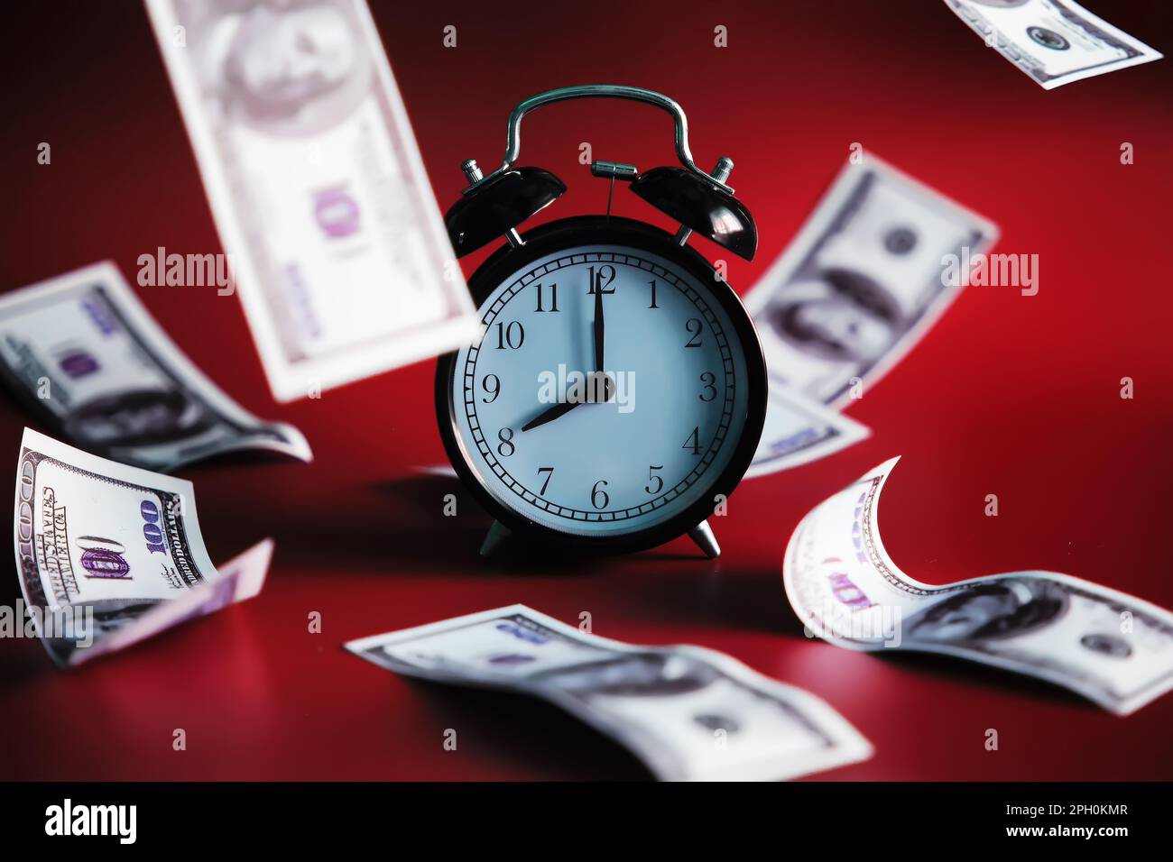 Green dollar bills on a blue background. 100 dollar bills close up. The