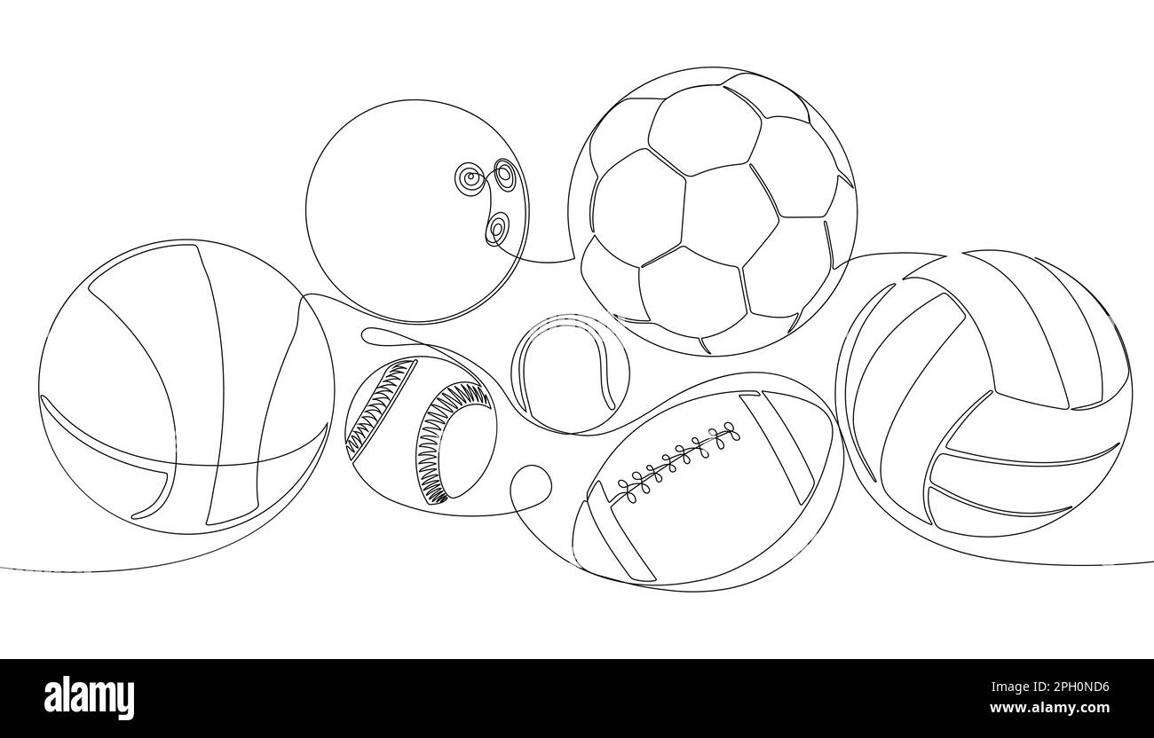 Vector continuous one single line drawing set vector of balls and equipment. Stock Vector