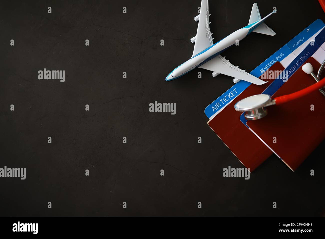 Passenger air insurance concept. Airplane, passport, boarding pass