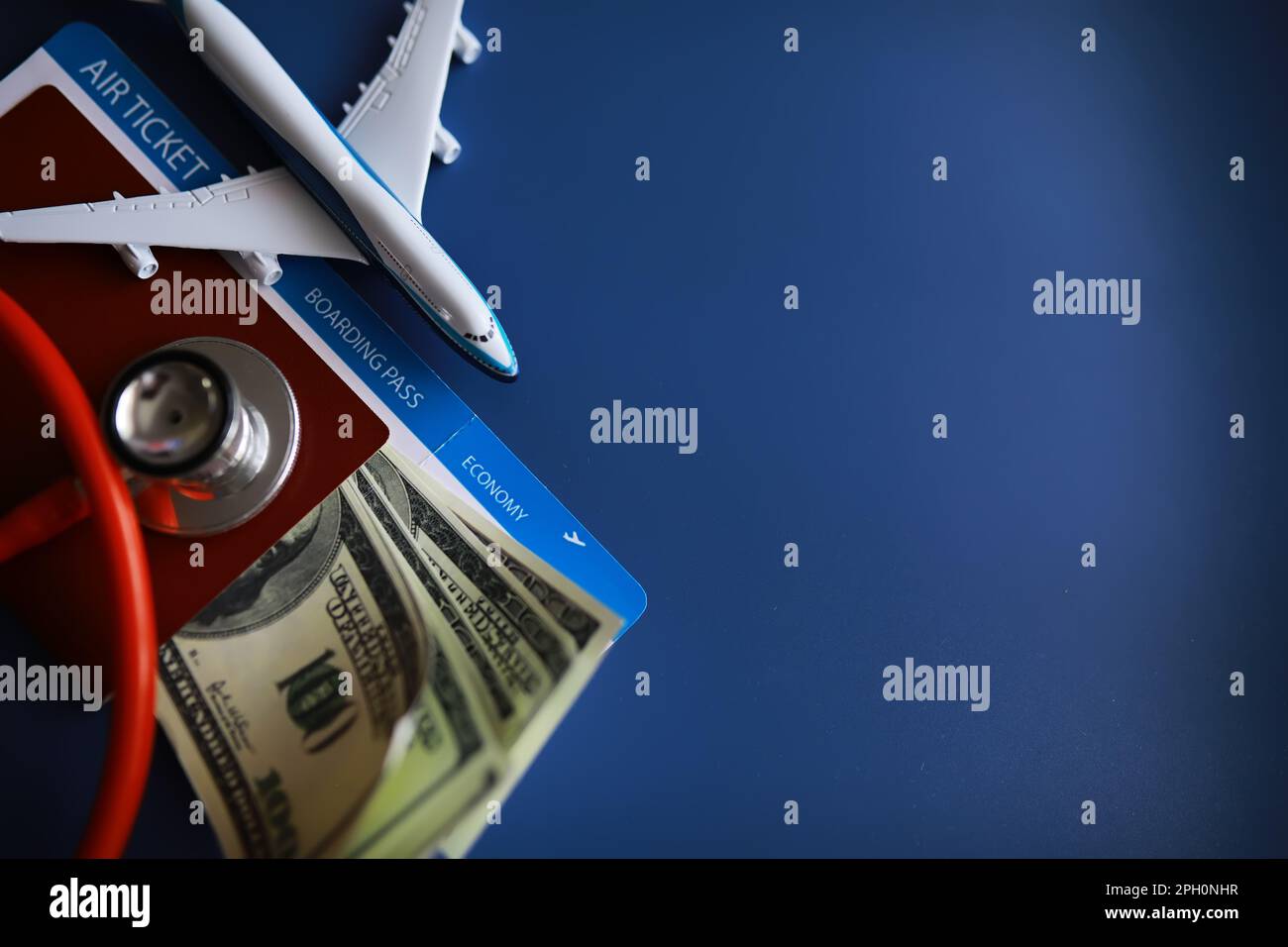 Passenger air insurance concept. Airplane, passport, boarding pass