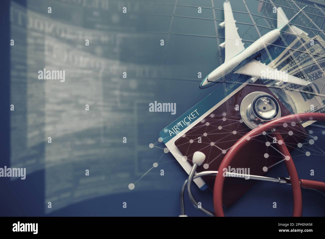 Passenger air insurance concept. Airplane, passport, boarding pass