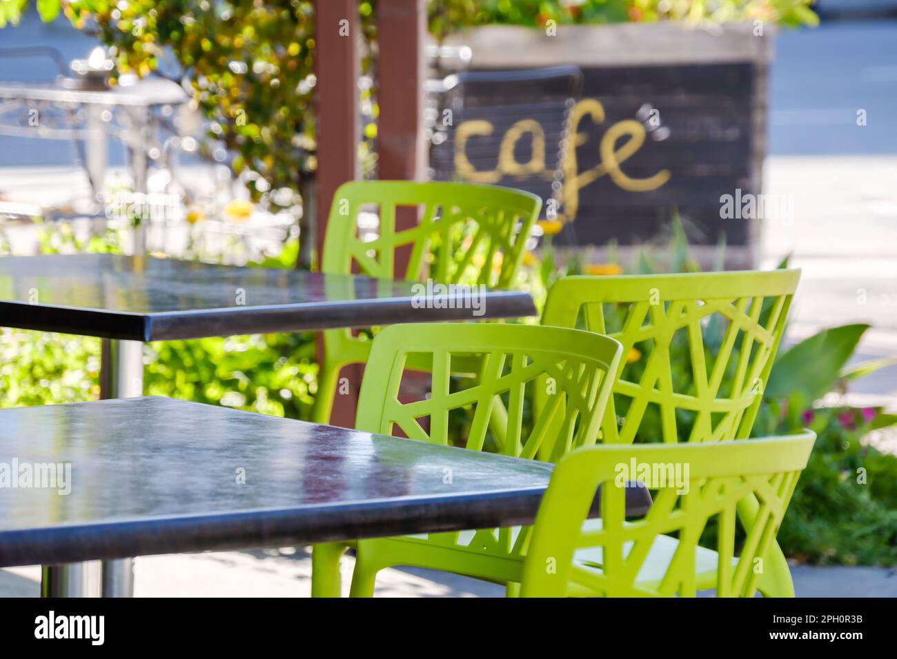 Colourful outdoor cafe seating tables and chairs in Adelaide city