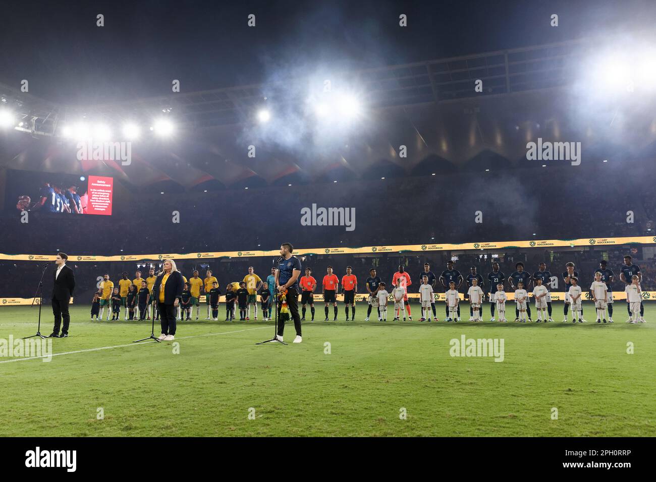 Socceroos, Referees and the Ecuador team line up before the match