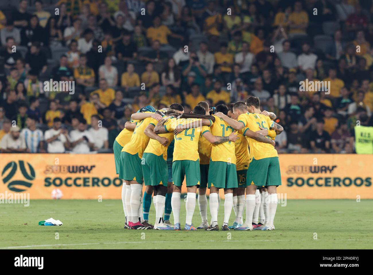 The Australian Socceroos team huddle before the match between Australia and Ecuador at CommBank Stadium on March 24, 2023 in Sydney, Australia Stock Photo