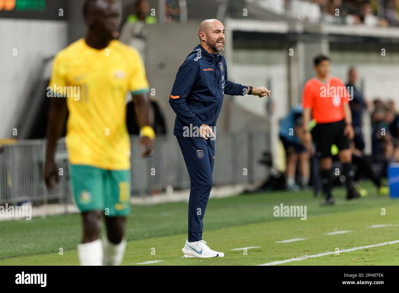Coach, Félix Sánchez of Ecuador communicates to his players on during the match between Australia and Ecuador at CommBank Stadium on March 24, 2023 in Stock Photo