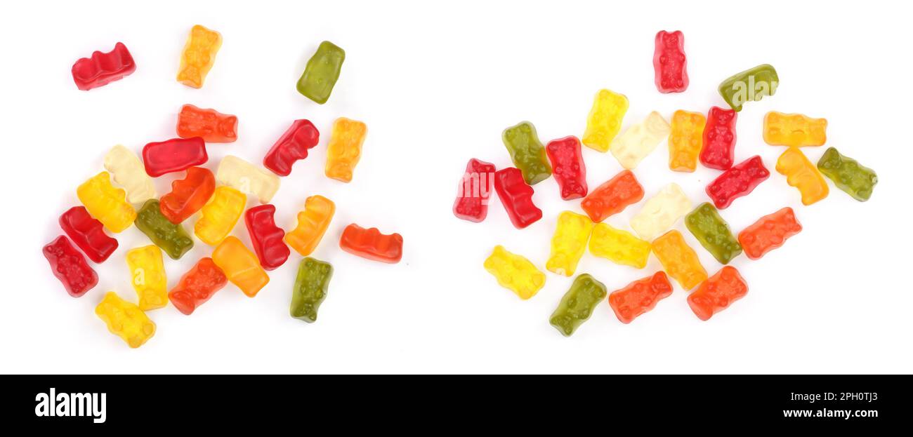 Colorful eat gummy bears jelly candy Isolated on white background. Top