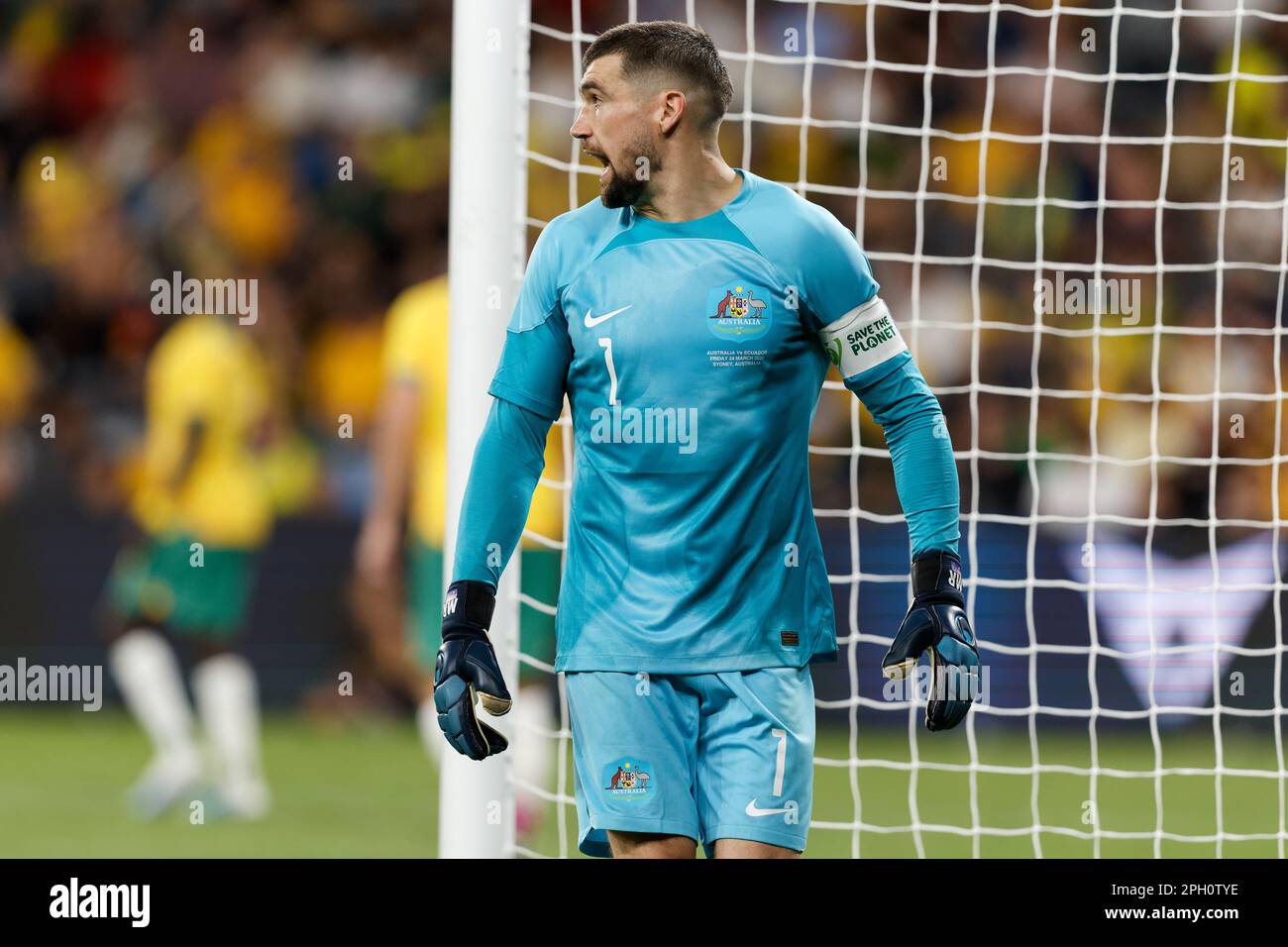 Mathew Ryan of Australia communicates to his team mates during the match between Australia and Ecuador at CommBank Stadium on March 24, 2023 in Sydney Stock Photo