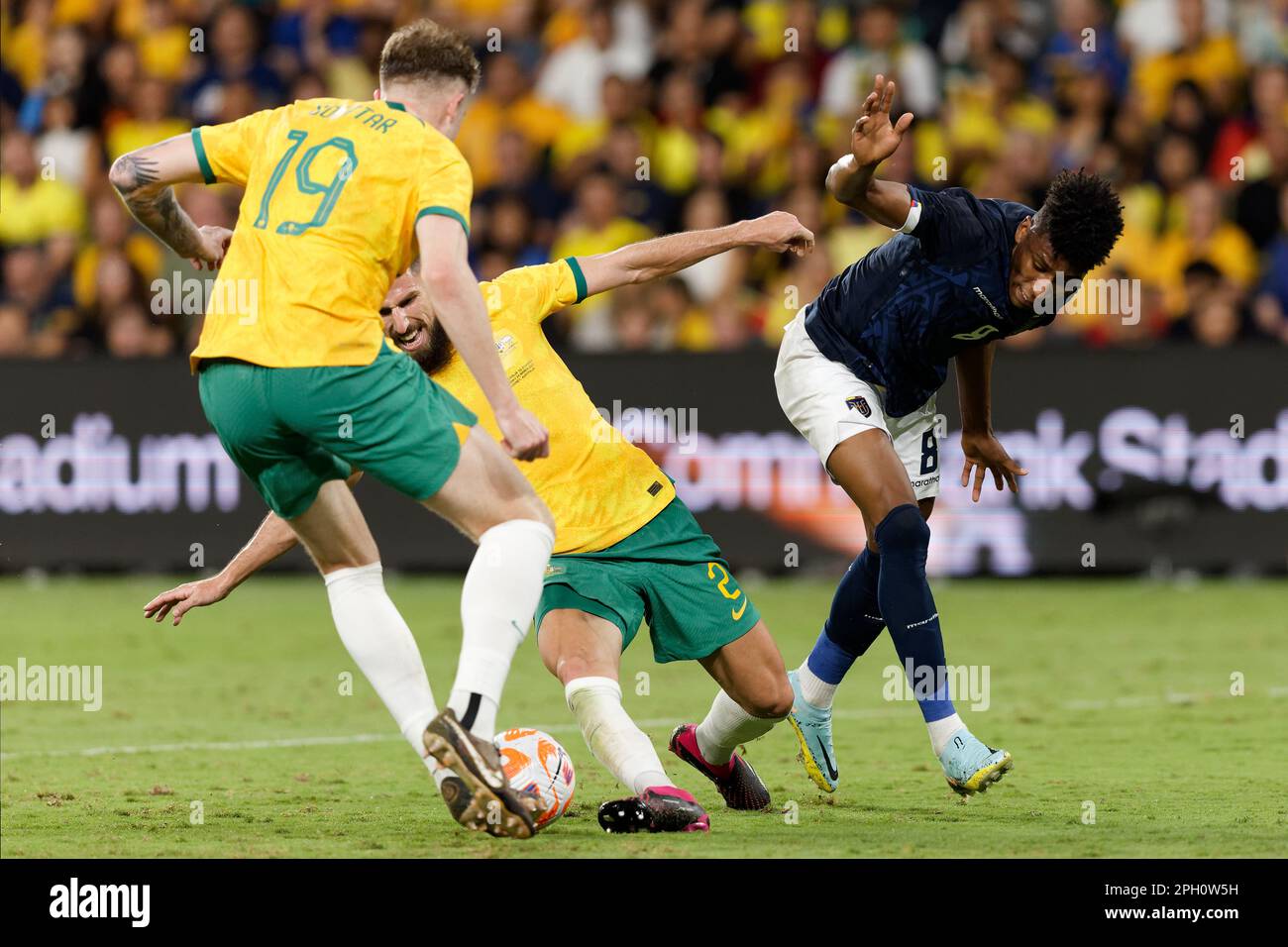 Milos Degenek of Australia competes for the ball with Kevin Rodriguez of Ecuador during the match between Australia and Ecuador at CommBank Stadium on Stock Photo