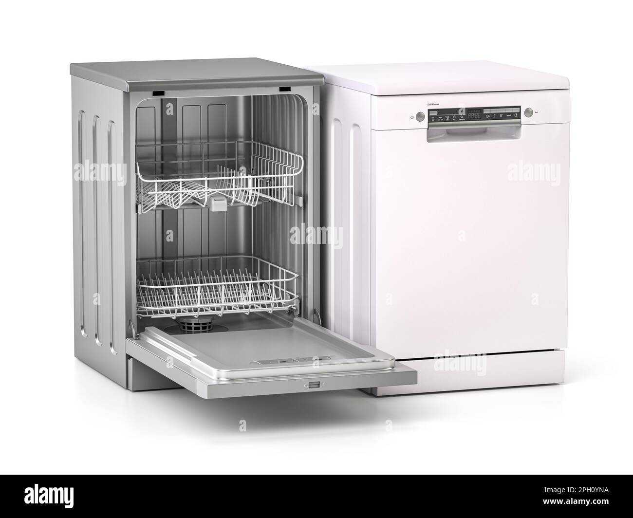 Dishwasher open and closed isolated on white background. 3d