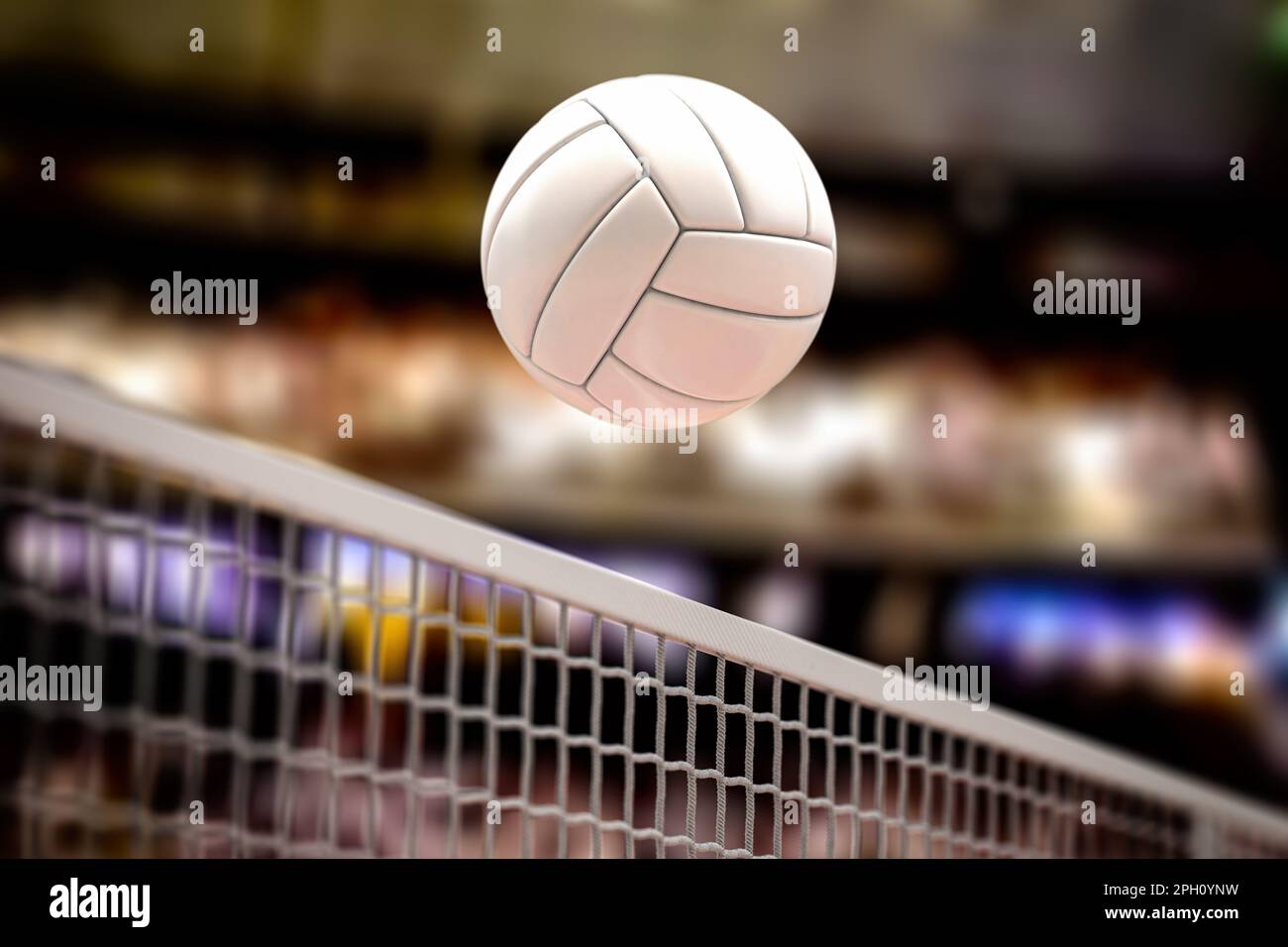 Volleyball ball and net in voleyball arena during a match. 3d
