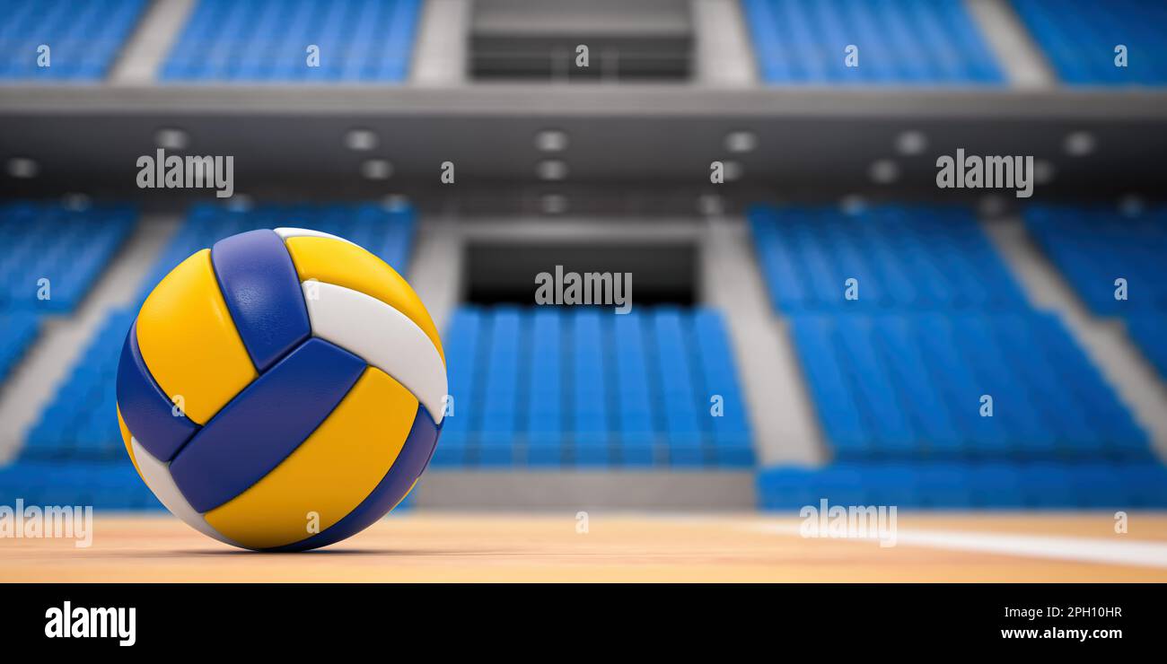Volleyball ball and net in voleyball arena during a match. 3d