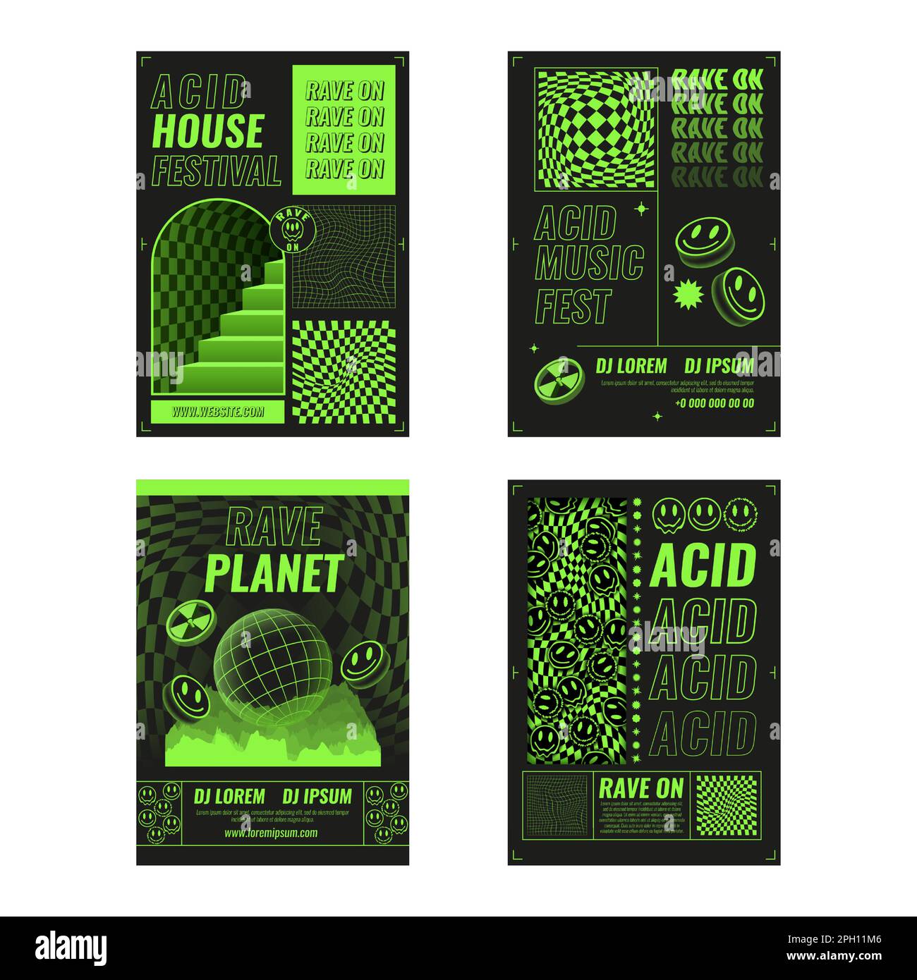 Rave music, acid trippy posters. Retro smile psychedelic rave party, 3d rave game, future streetwear or toxic neon flyers. Modern futuristic design. Green isolated objects. Vector graphic design Stock Vector