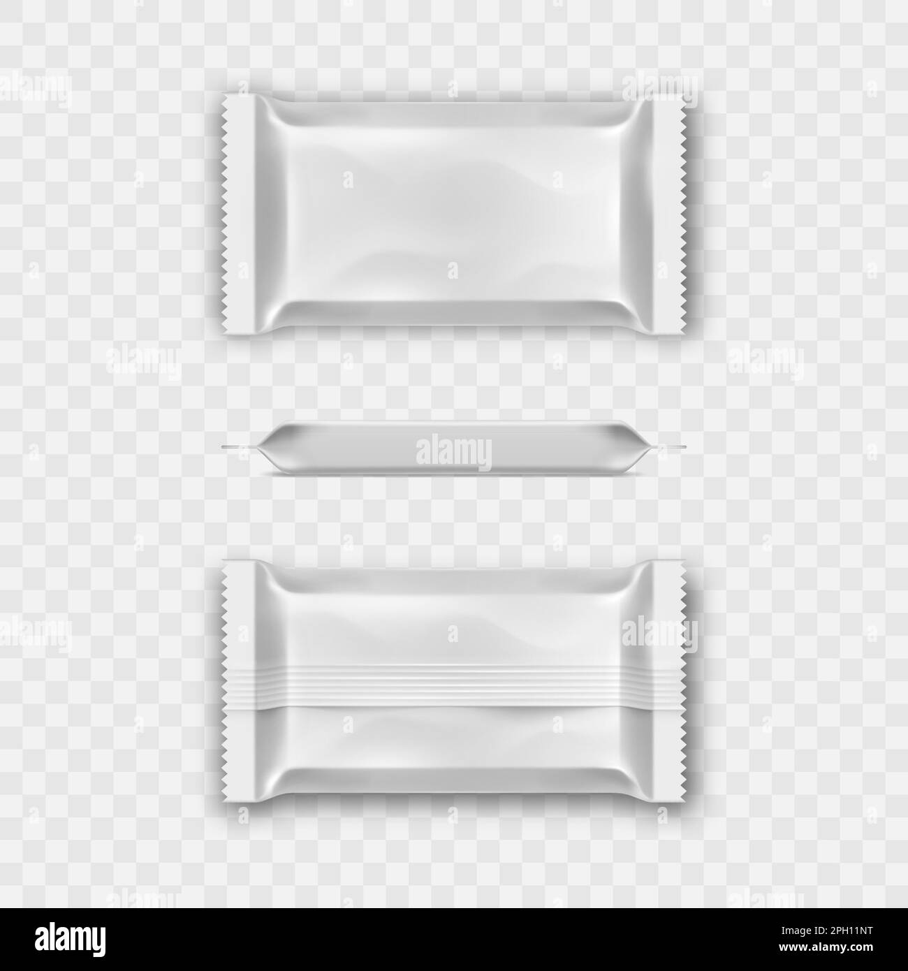 Package mockup. Snack pack pouch. Blank sachet or lunch bar wrap. Foil