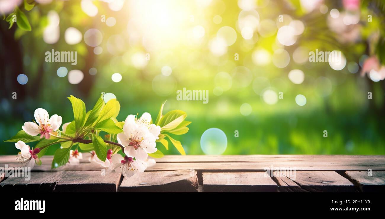 Spring background with empty wooden table. Empty wooden table in spring ...