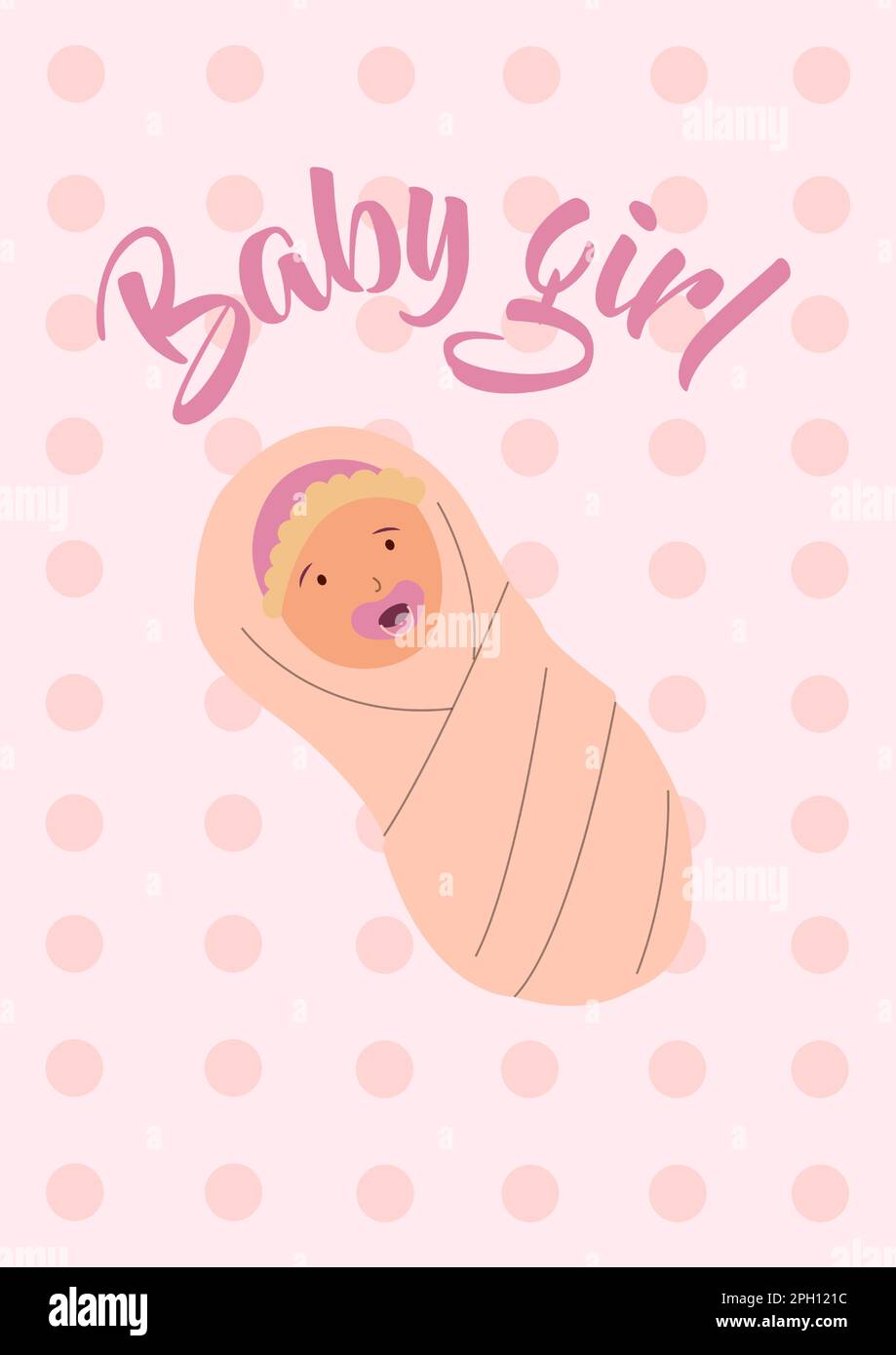 Baby girl. Cartoon adorable newborn kid swaddled in blanket. Happy