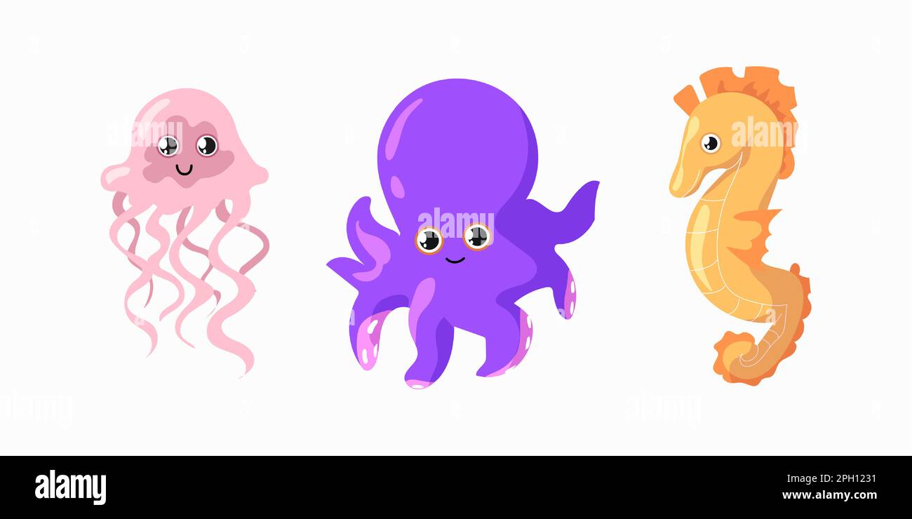 Sea animals. Cute octopus, funny jellyfish and seahorse. Marine or ocean animals for childish nursery and fabric decor. Summer tropical underwater aquarium, vector cartoon flat isolated illustration Stock Vector