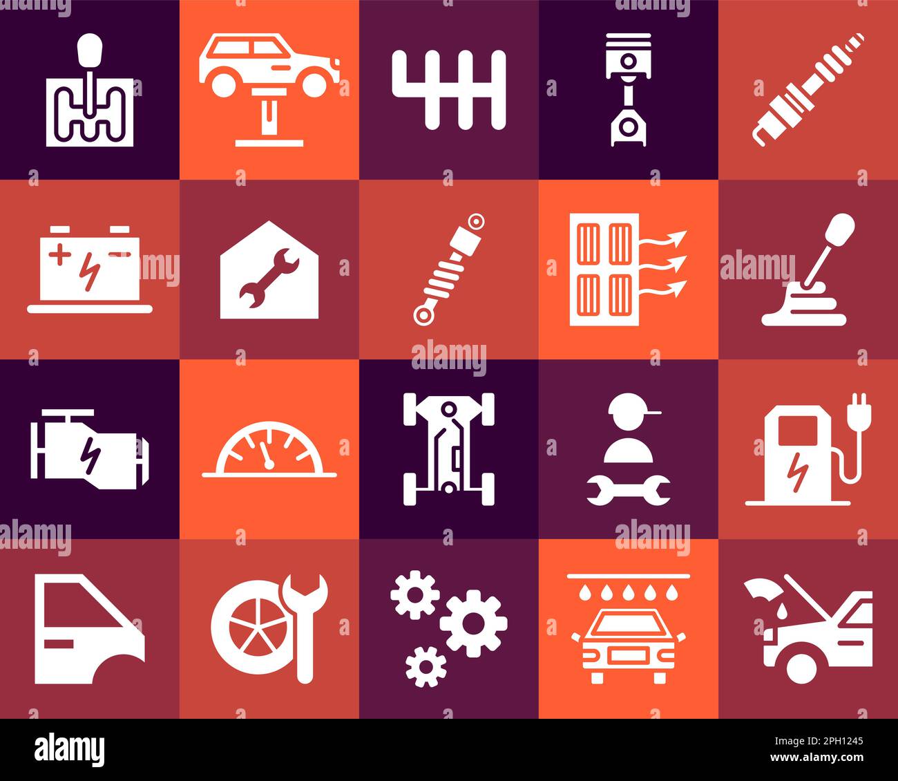 Car service. Gear brake icons. Wheel tyre. Auto piston. Engine oil. Auto key and spanner. Automobile repair workshop symbols. Vehicle electric accumulator. Vector isolated silhouettes pictograms set Stock Vector