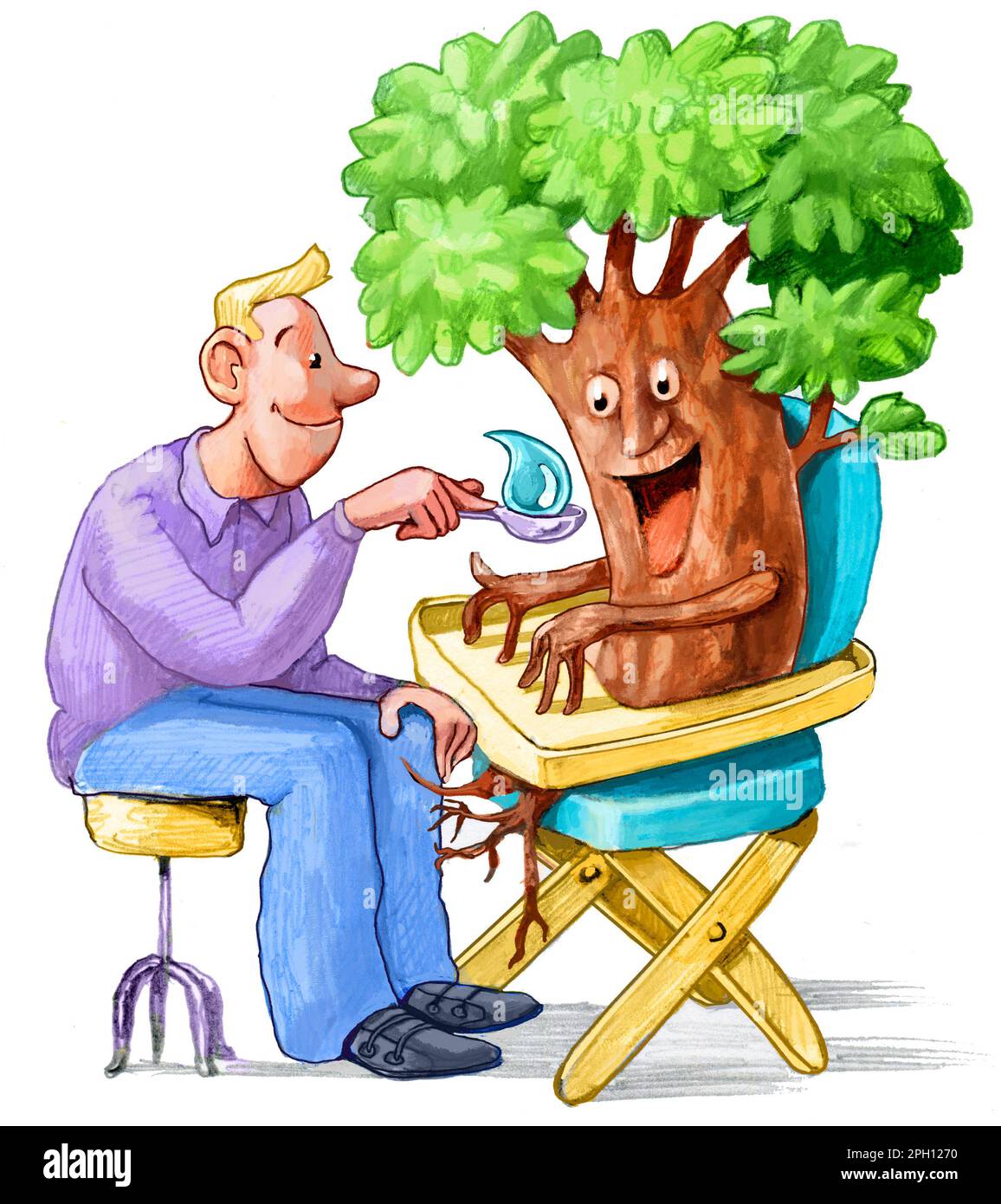 a man feeds a tree inside a high chair with water as if it were a child, a metaphor for the importance of water for saving forests and surviving Stock Photo