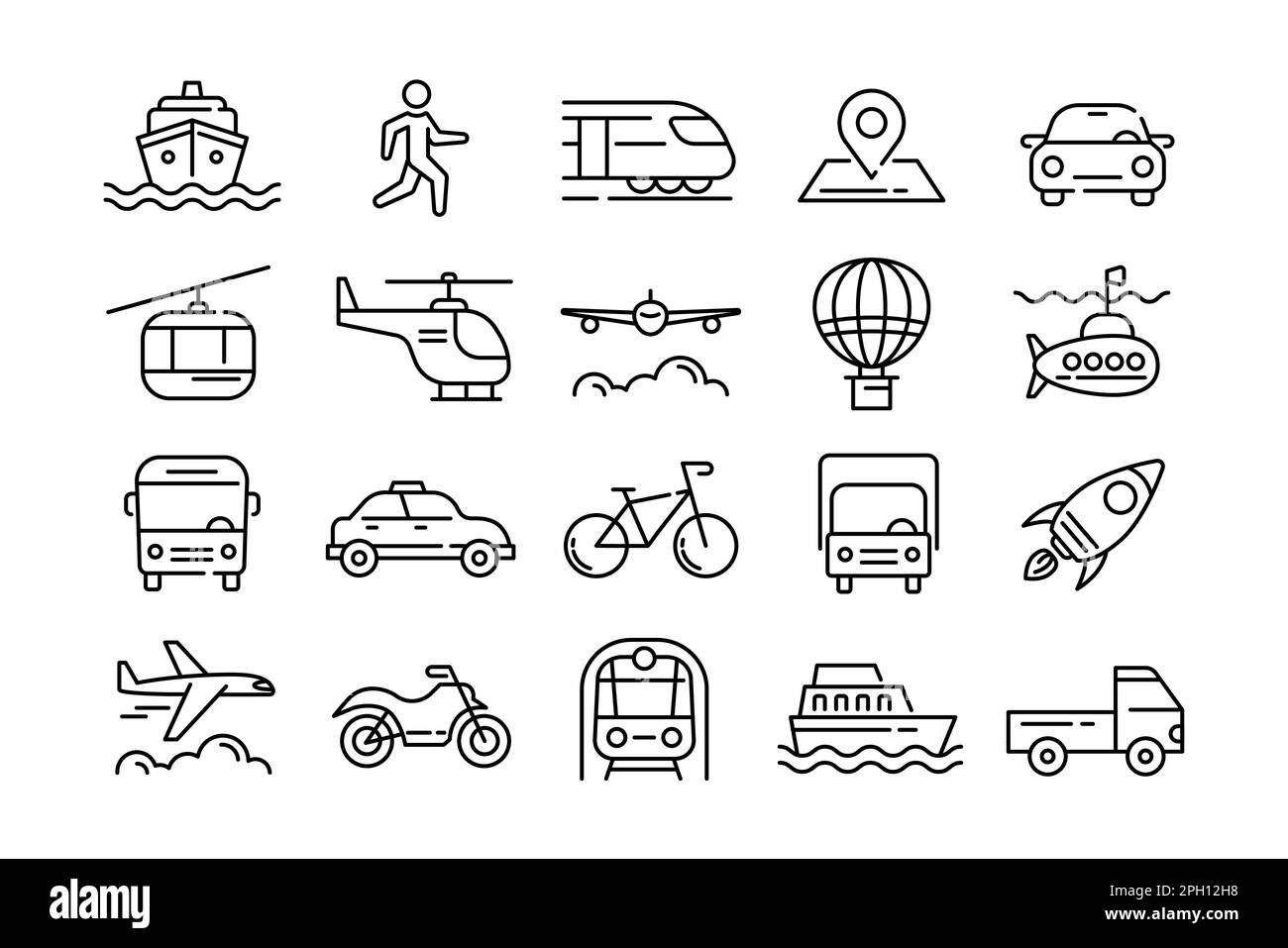 Transport line icons. Car travel. Vehicle types. Taxi and bike. Public bus. Bicycle and train body. Automobile truck or van. Sea boat. Helicopter and motorcycle traffic. Vector outline pictograms set Stock Vector