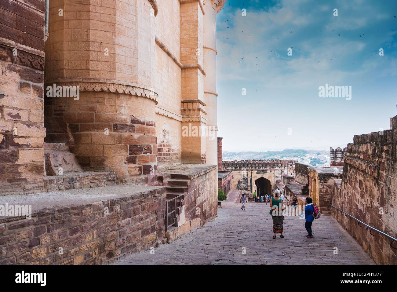 Jodhpur, Rajasthan, India - 19th October 2019 : Foreigner woman tourist visiting famous Mehrangarh fort, Mehrangarh Fort is UNESCO world heritage site Stock Photo