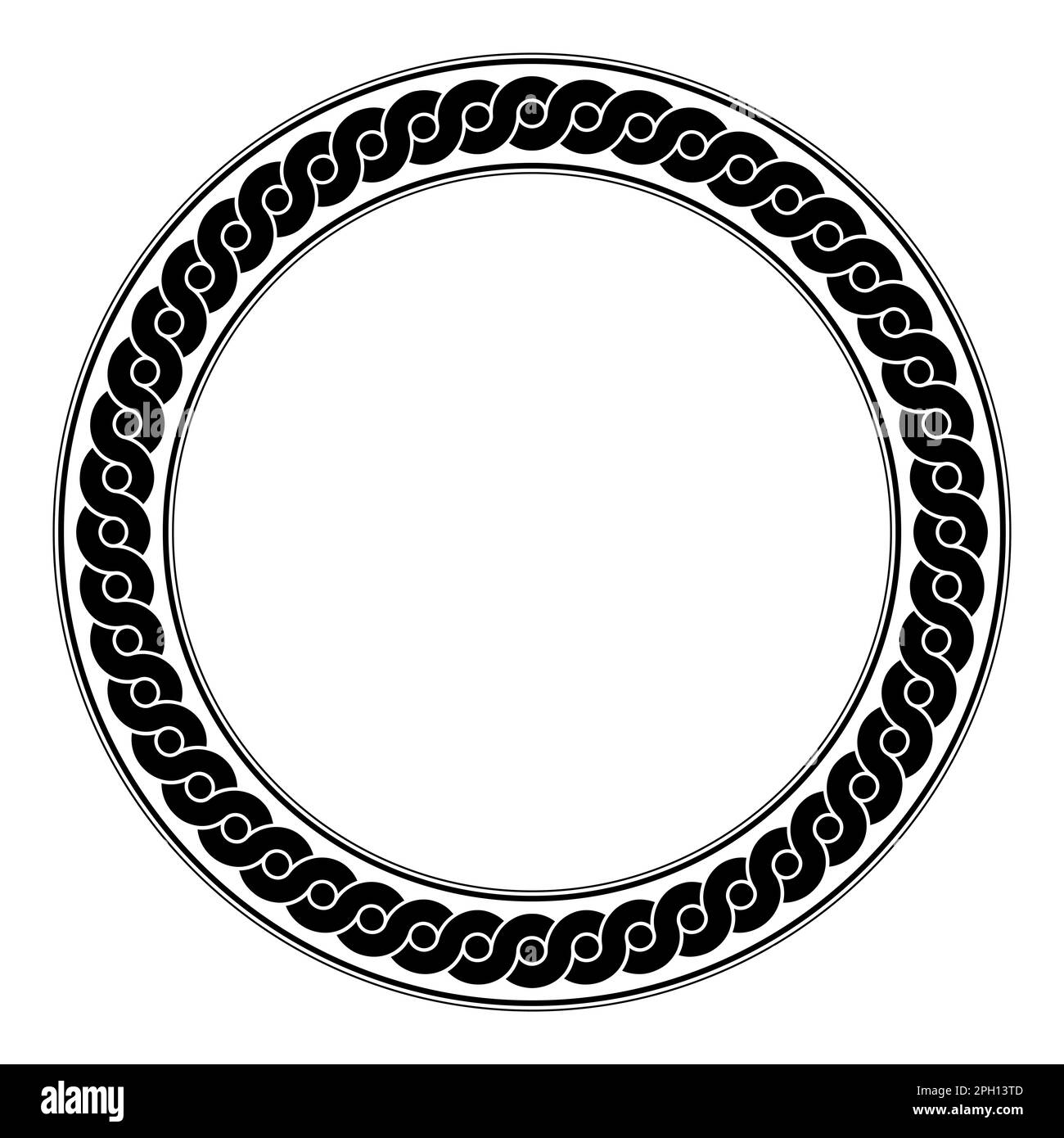 Intertwined wave pattern, circle frame. Black serpentine lines forming a circle border, with dots between the overlapping waves. Ancient greek pattern. Stock Photo