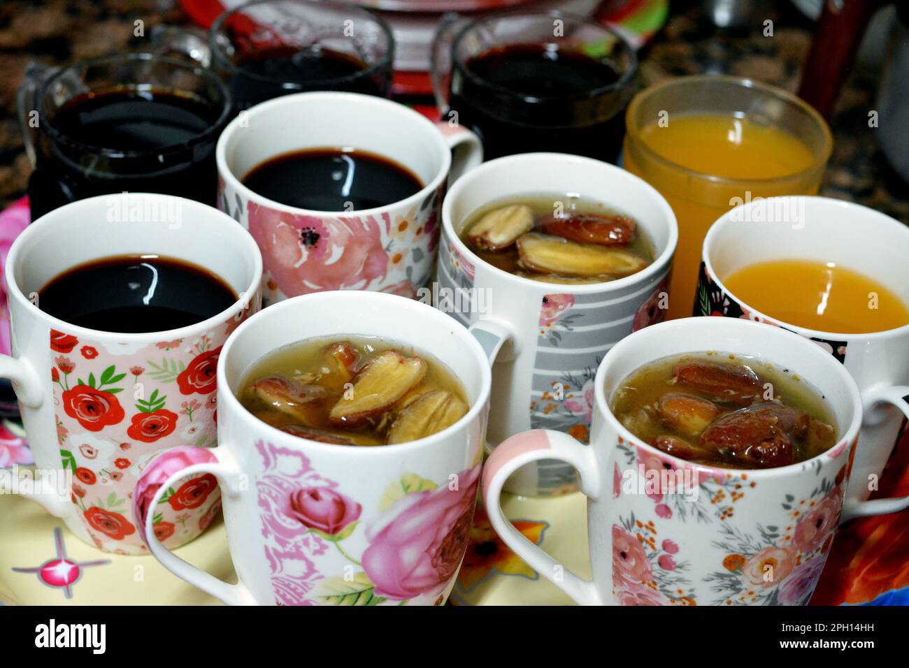 Juices, drinks and compotes tray on the iftar table in Ramadan month